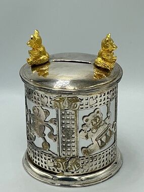 Teddy Bear Coin Bank Silver Plated Nursery Decor Gold Tone Accents Vintage